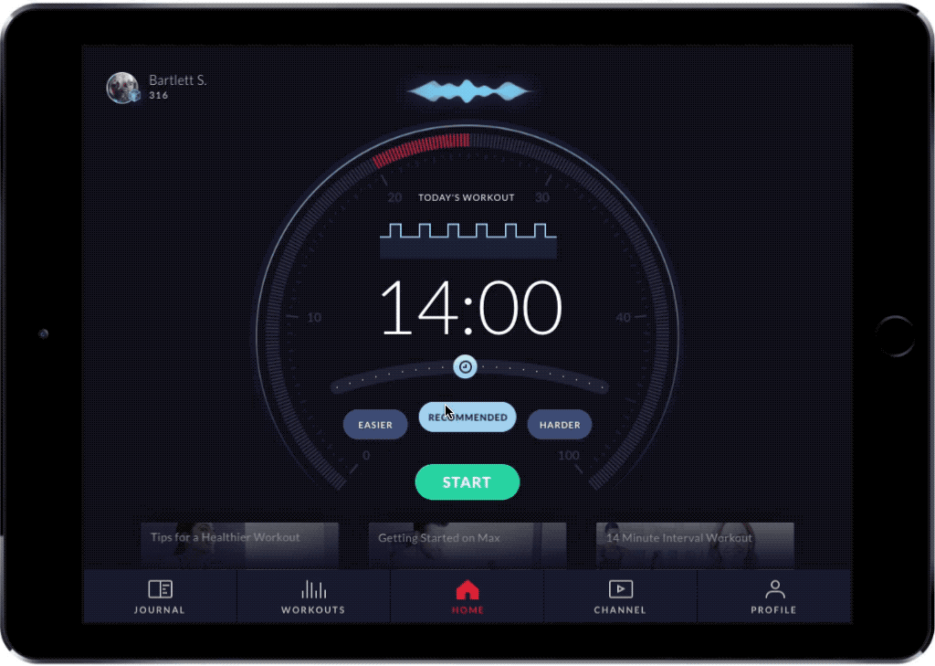 Early concepts where a user selects a workout time based on their fitness level and desired difficulty