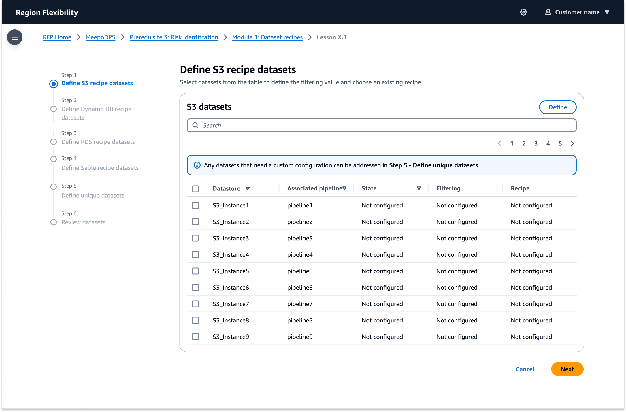 Lesson workflow where service engineers define datasets with data recipes