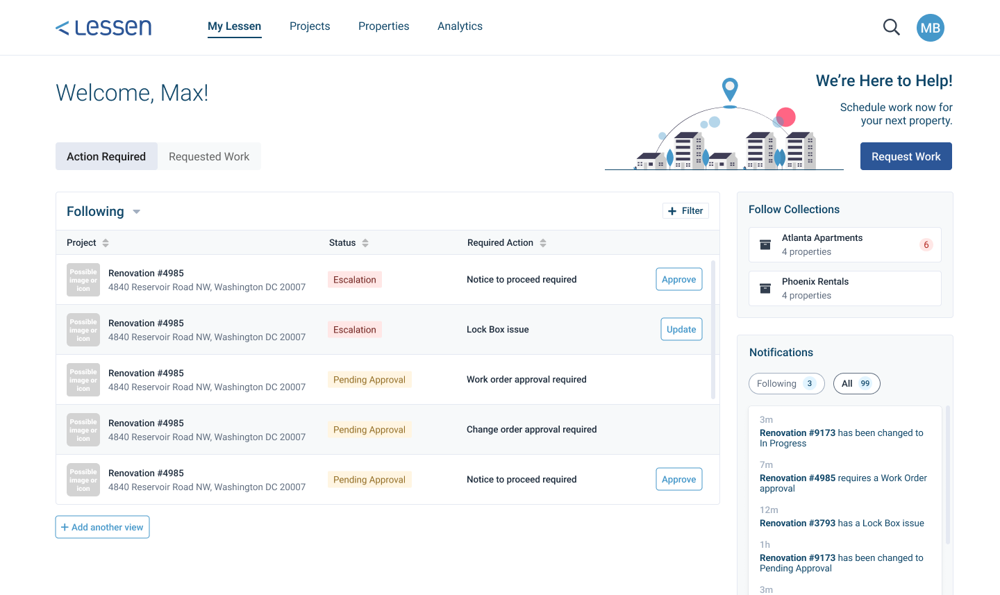 Dashboard concept exploring a Following feature for properties