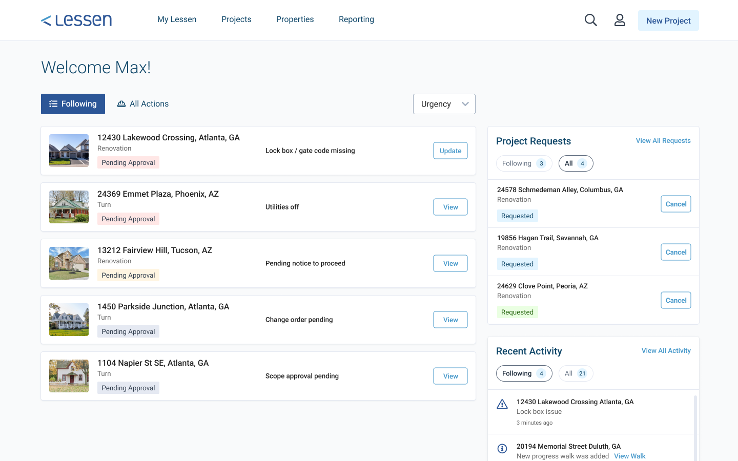 MyLessen dashboard with urgent actions surfaced at the top of the customer portal